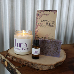 Lavender candle, essential oil, chocolate and scrub soap gift set.